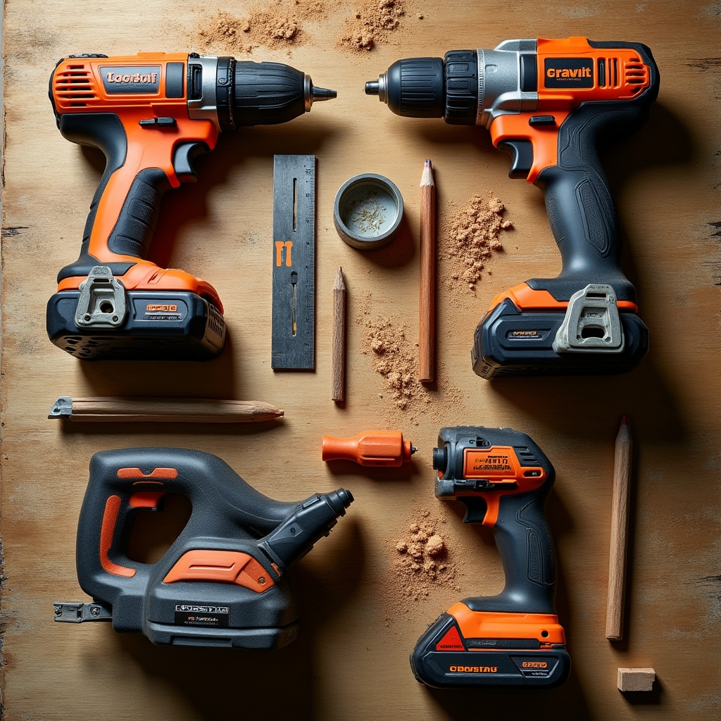 Attrezzi da falegnameria: trapano, seghetto, levigatrice e avvitatore su banco di lavoro