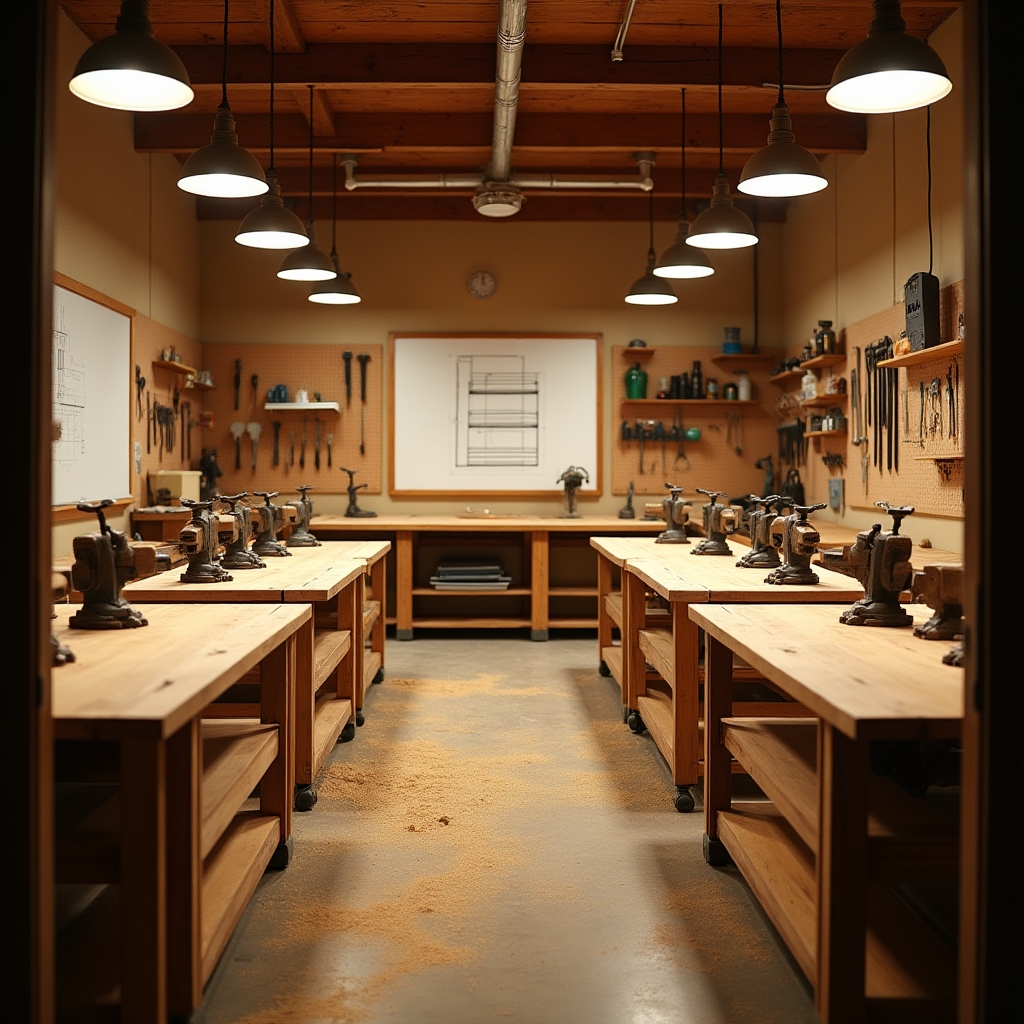 Interno del laboratorio di falegnameria Mirendra Hub con banchi di lavoro e attrezzatura professionale