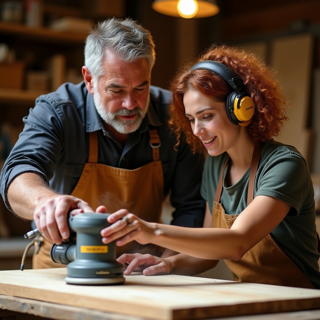Istruttore di falegnameria che guida un partecipante nell'uso corretto della levigatrice