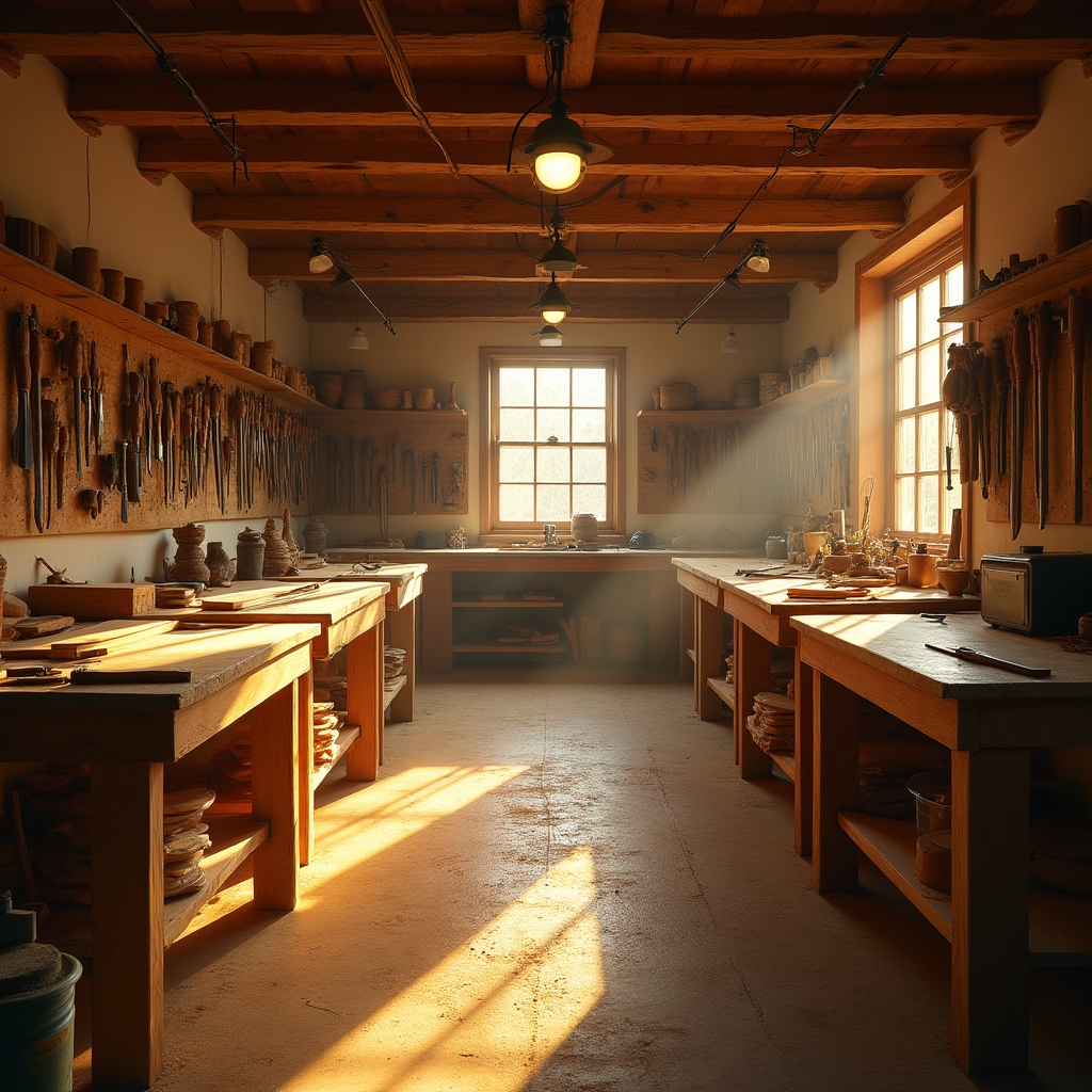 Laboratorio di falegnameria attrezzato con attrezzi e legno