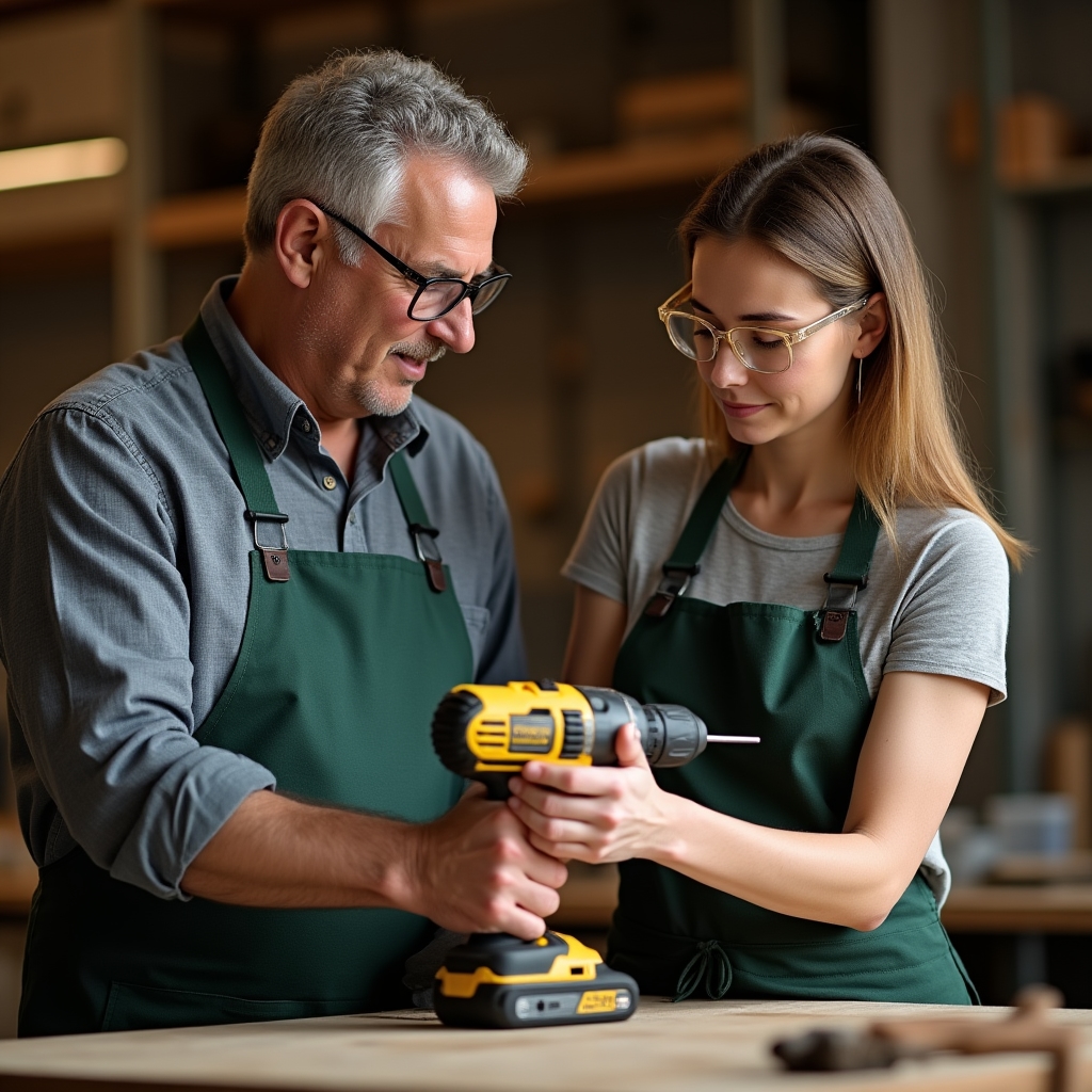 Istruttore che mostra l'uso sicuro del trapano a un partecipante del corso