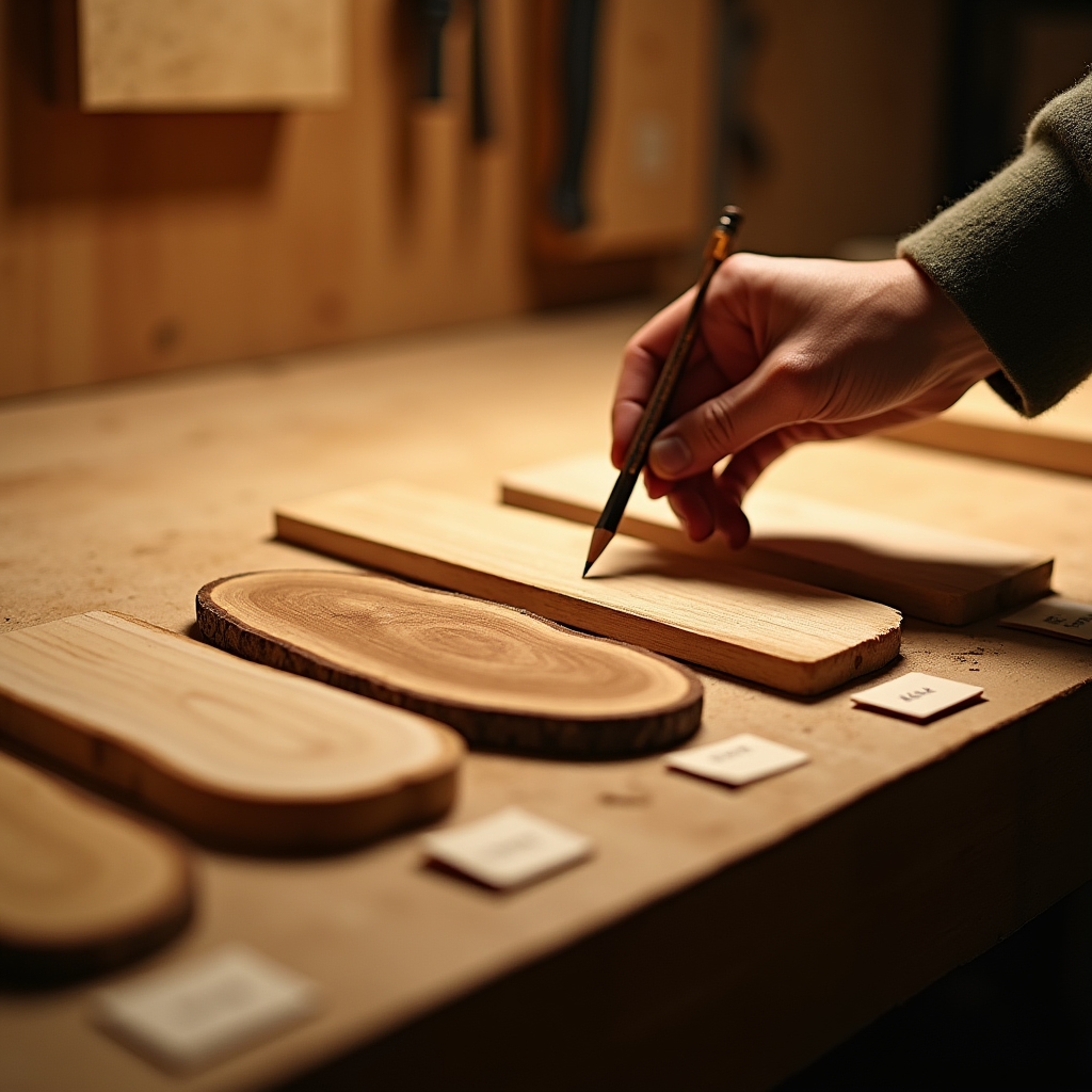 Diverse essenze di legno disposte su un banco di lavoro per la selezione del materiale